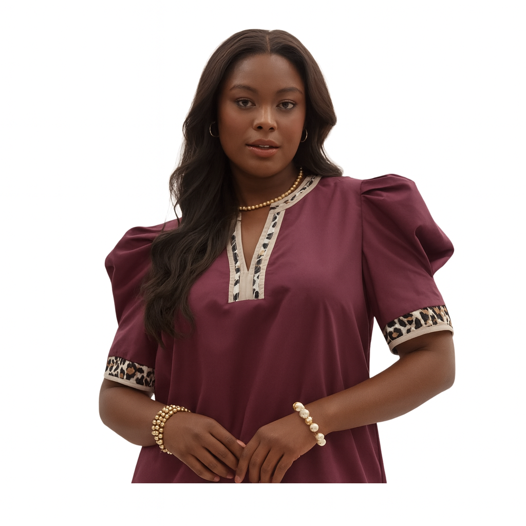 Plus Merlot Top with Animal Print Trim