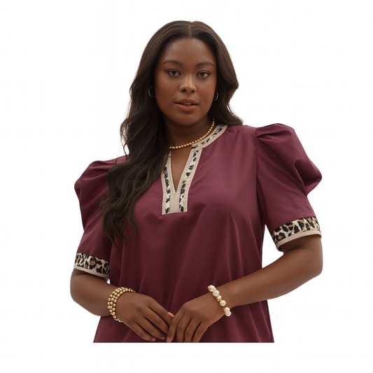 Plus Merlot Top with Animal Print Trim