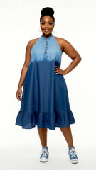 Haltered Neck Bottton Middi Dress Two Tone Denim