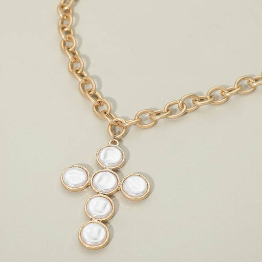 Pearl Cross Charm Pendant Chunky Chain Necklace