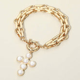 Pearl Cross Charm Chunky Link Chain Bracelet