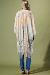 White Floral Lace Kimono With Tassel