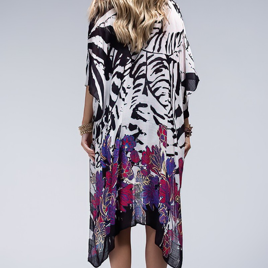 Black, White and Purple Floral Kimono