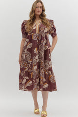 BROWN PAISLEY TIERED MIDI DRESS