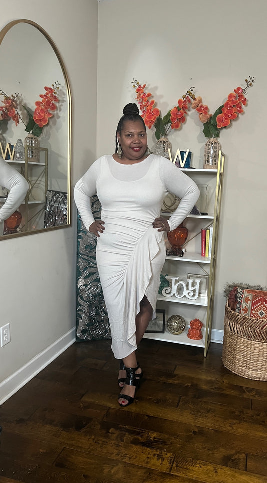 PLUS SIZE OFF WHITE WATERFALL RUFFLE  DRESS