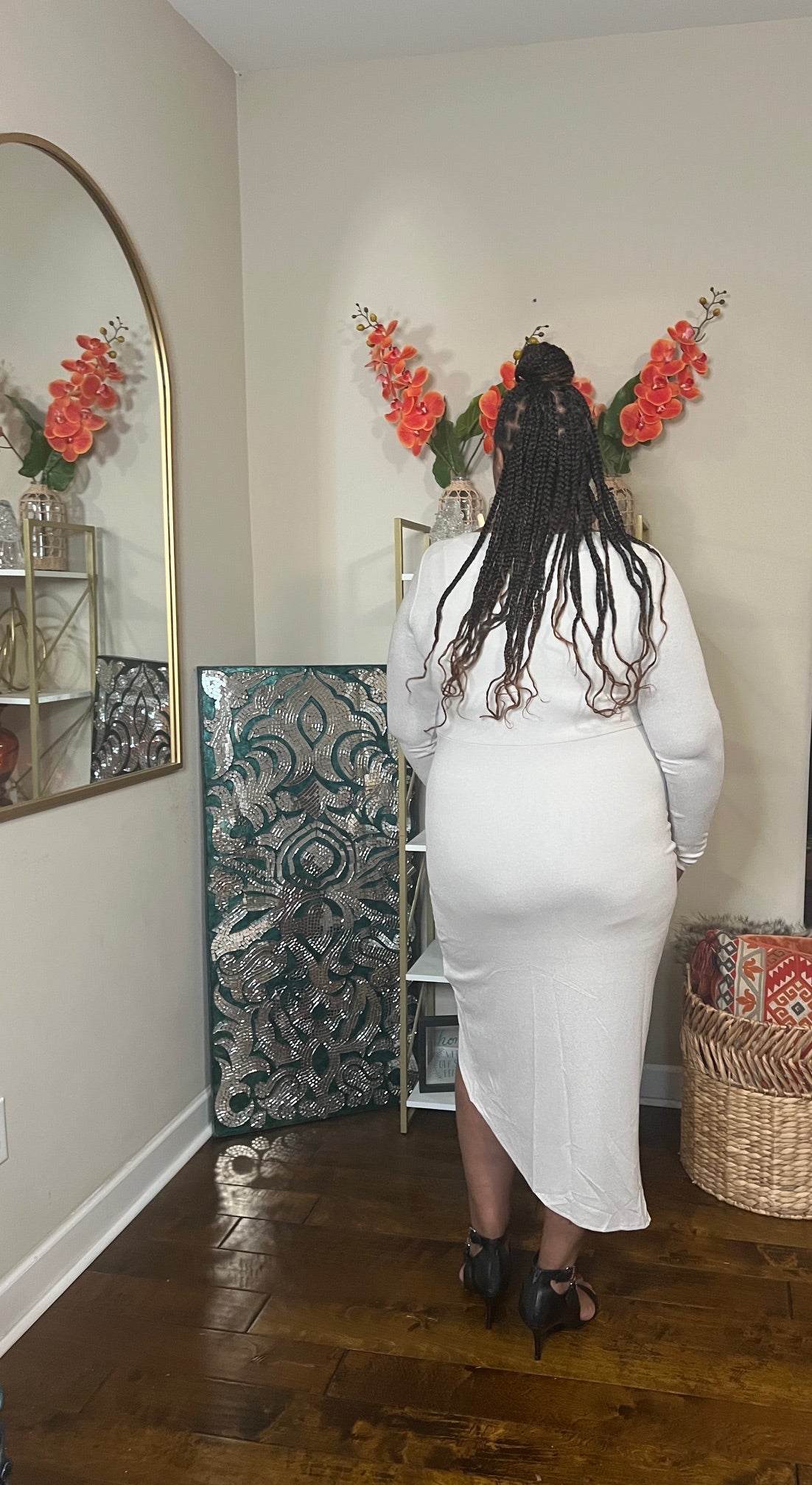 PLUS SIZE OFF WHITE WATERFALL RUFFLE  DRESS