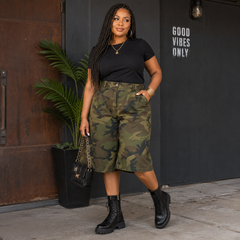 High Waisted Wide Leg Camo Knee Length Shorts