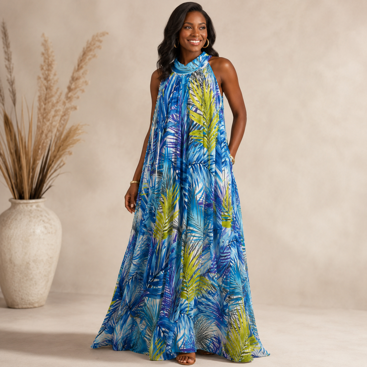 Blue Multi Halter Neck Maxi