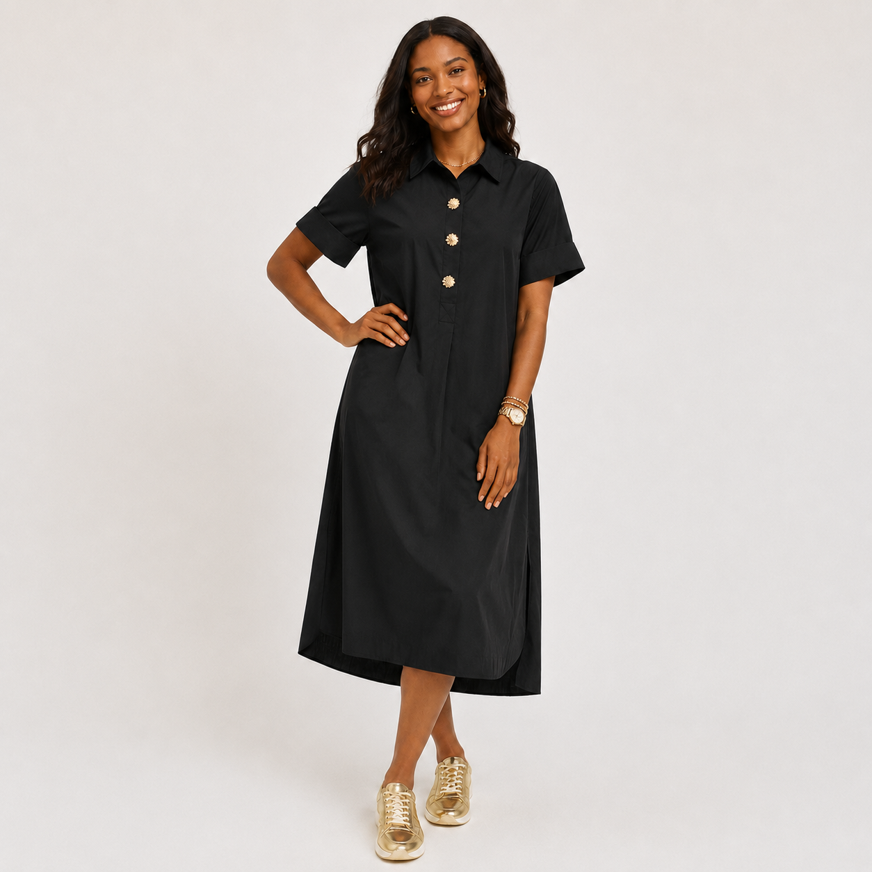 Gold Button Black Midi