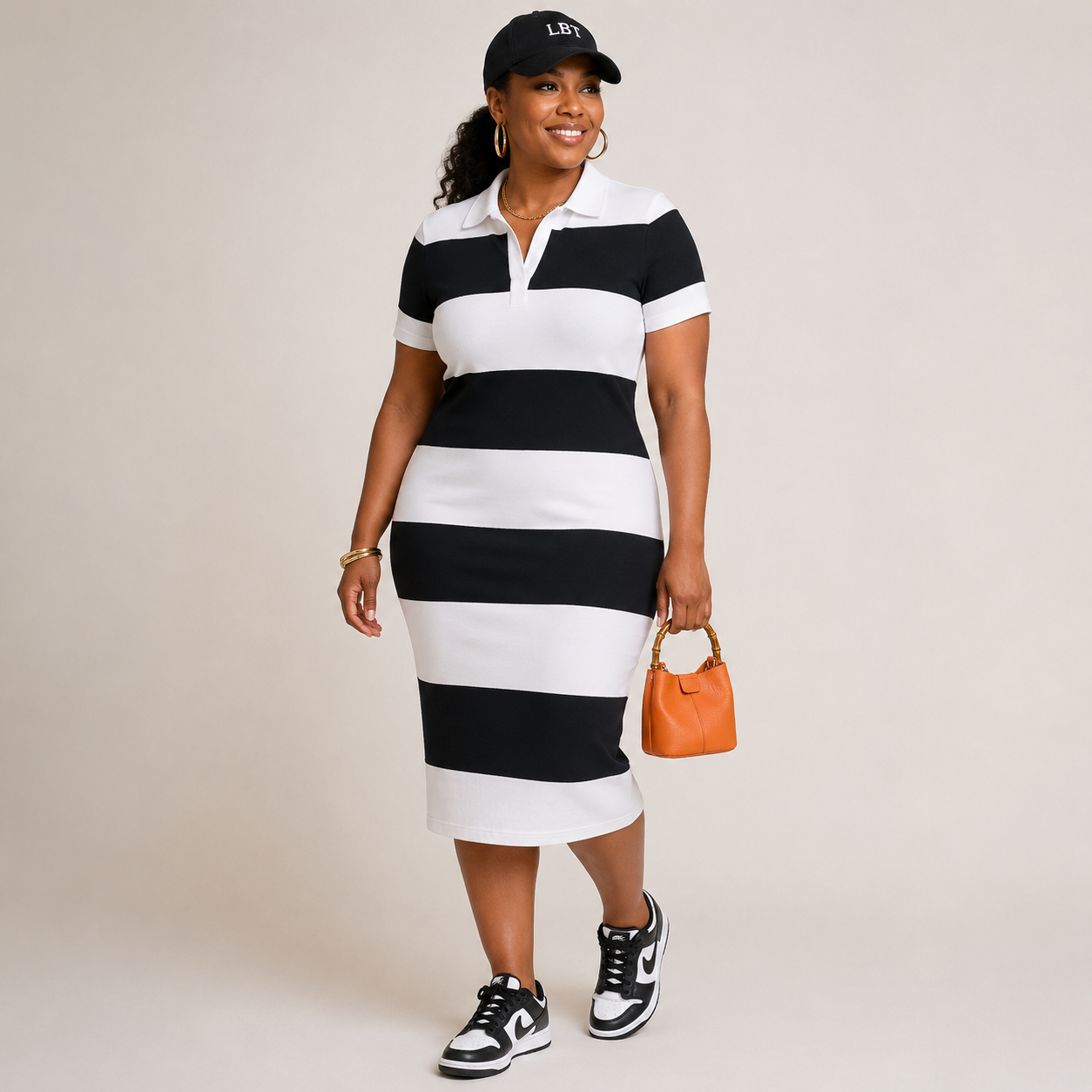 Short Sleeve Wide Stripe Knit Polo Midi Dress S / BLK-black/white