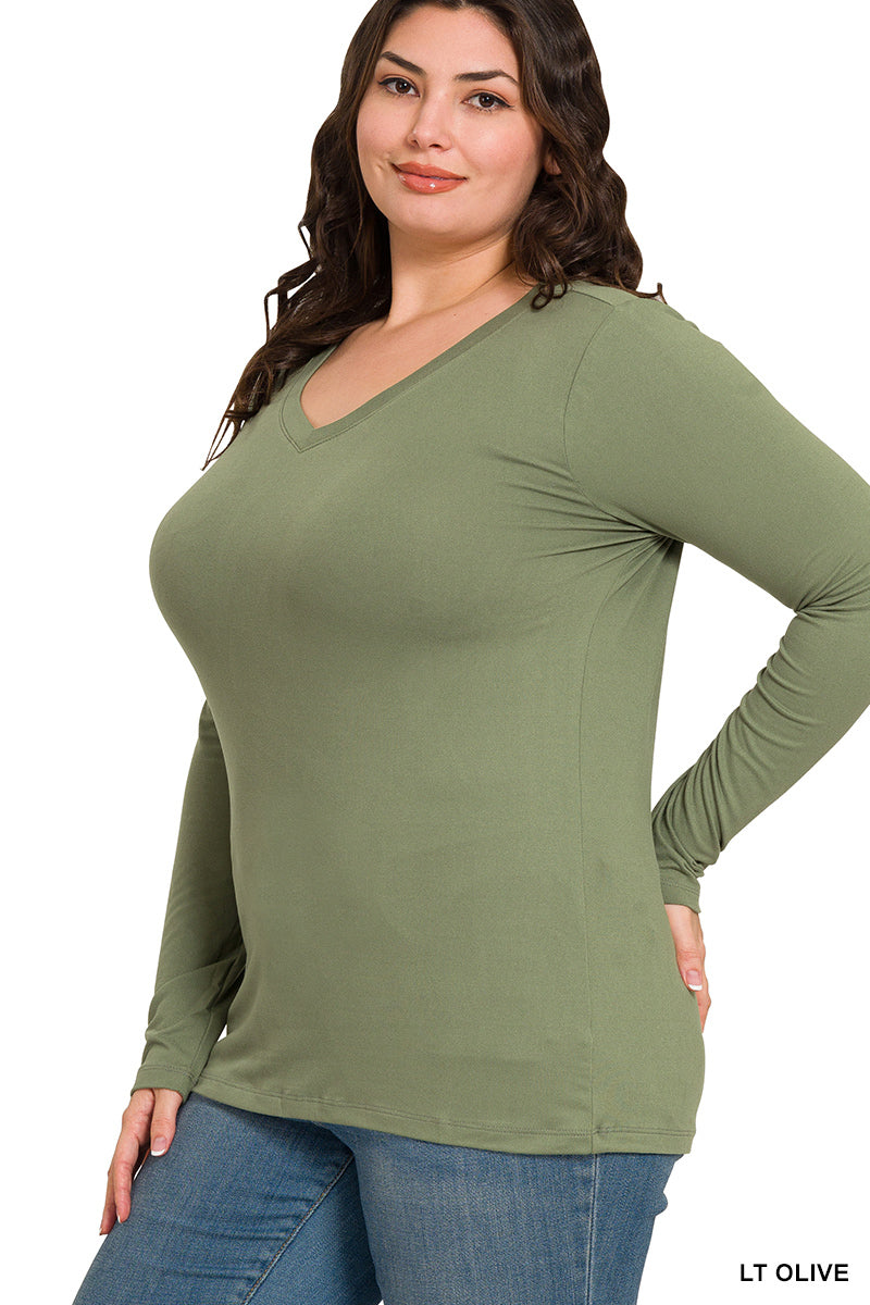 BRUSHED MICROFIBER LONG SLEEVE V-NECK TEE