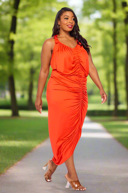 PLUS SIZE ORANGE RUCHED DRESS