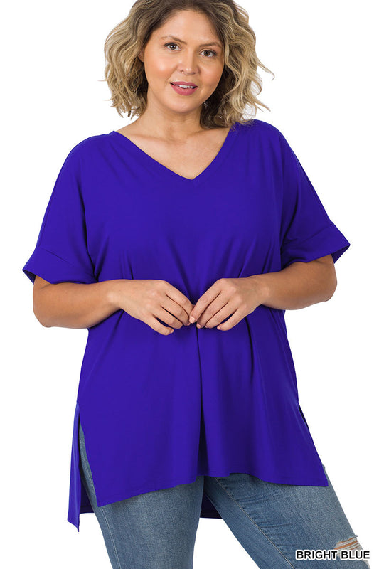 Plus Rolled Sleeve V-Neck Top