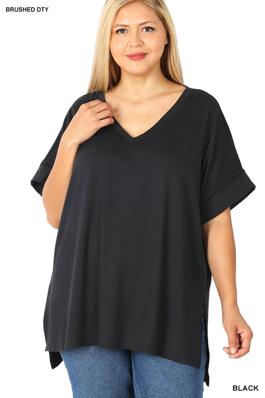 Plus Rolled Sleeve V-Neck Top