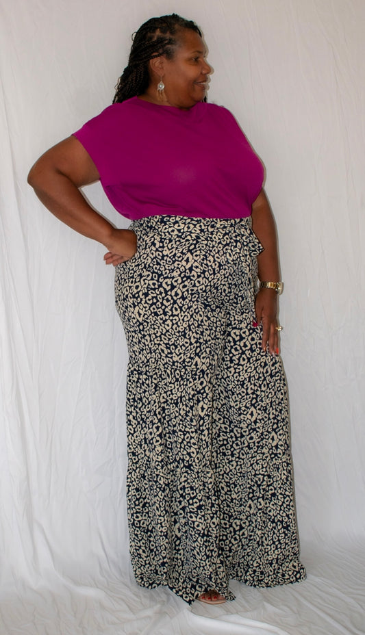 PLUS SIZE CHEETAH PRINT WIDE LEG PANT