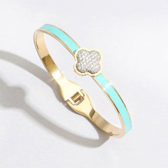 CZ Pave Bella Blue Clover Bangle Cuff Bracelet