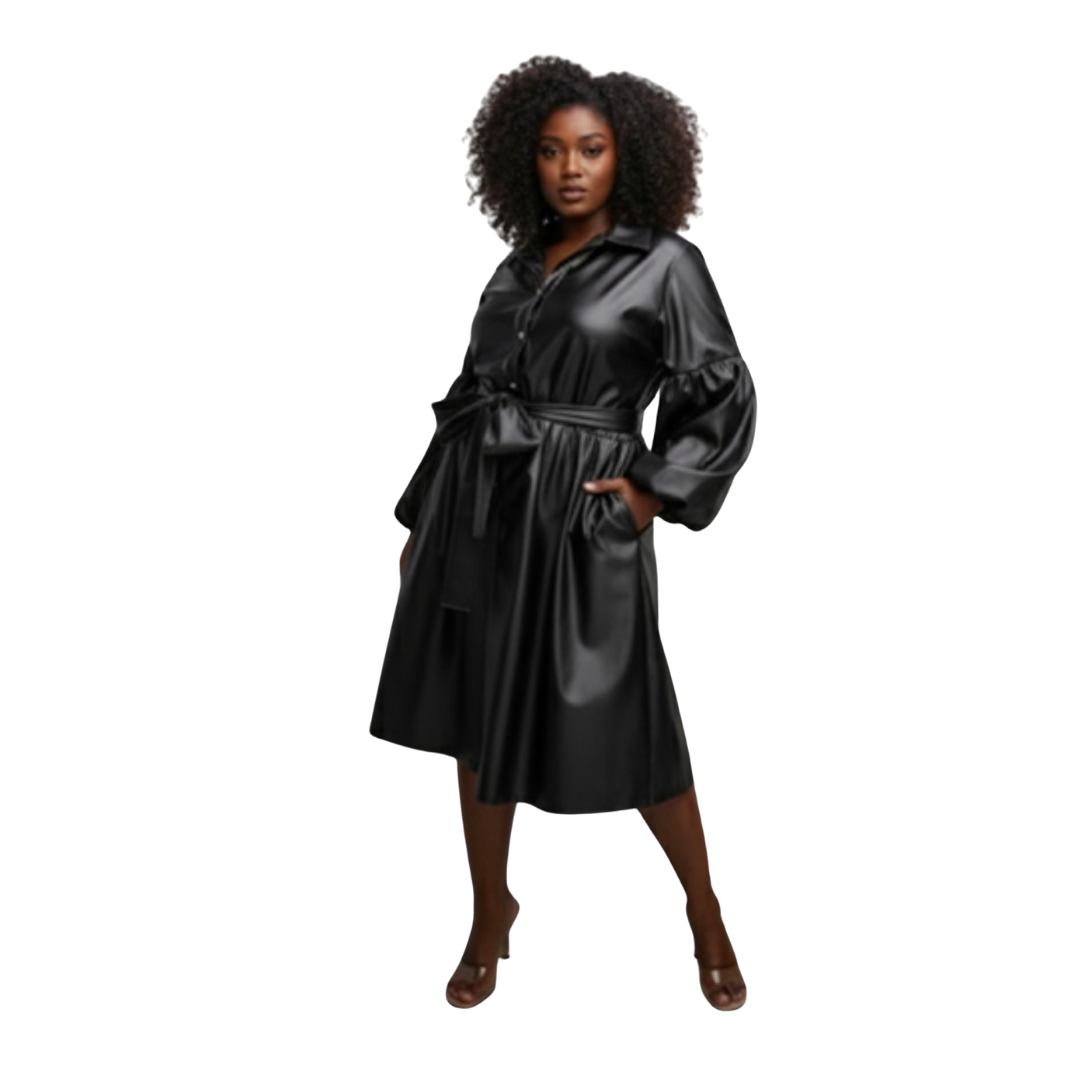Faux Leather Belted Midi Dress – Black