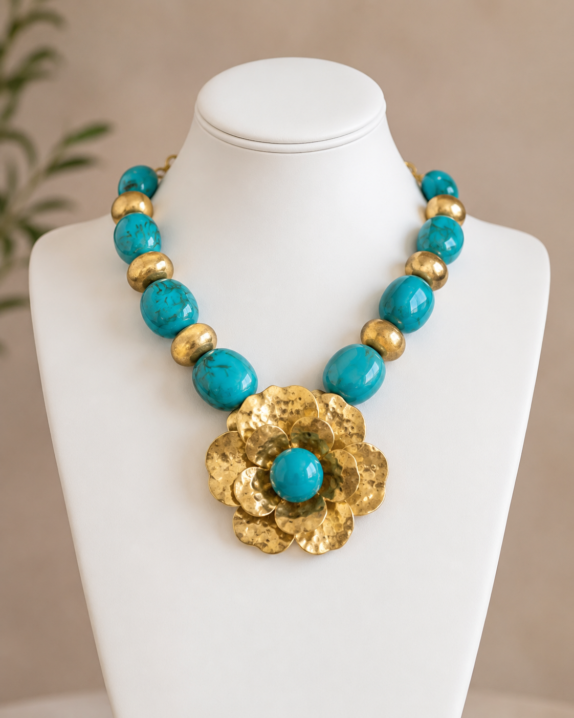 Turquoise Hammered Gold Petal Necklace