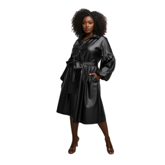 Faux Leather Belted Midi Dress – Black