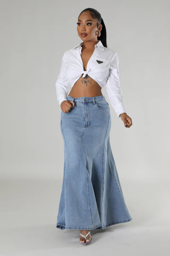 High-Waist Denim Maxi Skirt