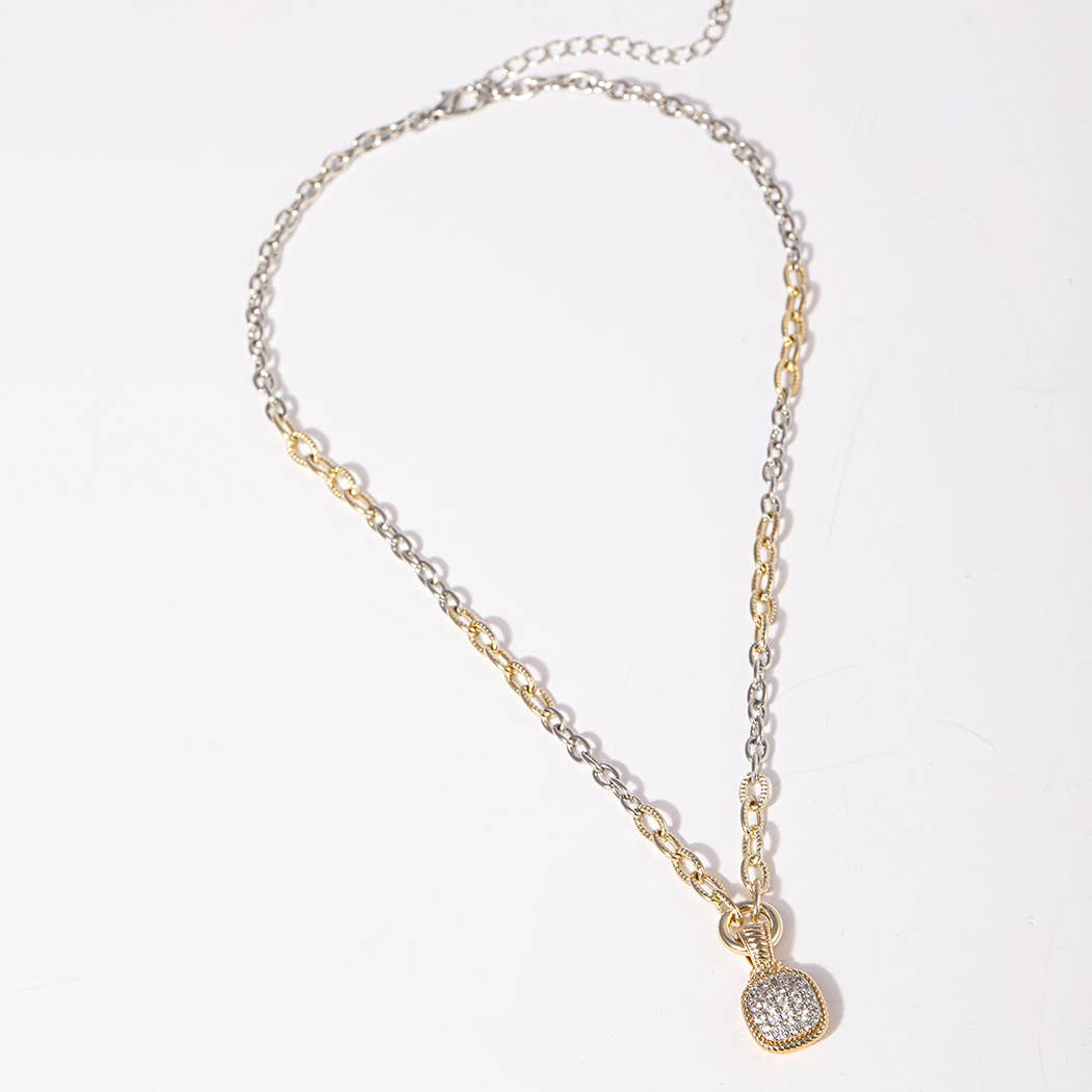 CZ Square Shape Pendant Two-Tone Chain Necklace