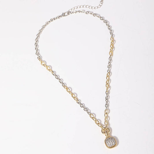 CZ Square Shape Pendant Two-Tone Chain Necklace
