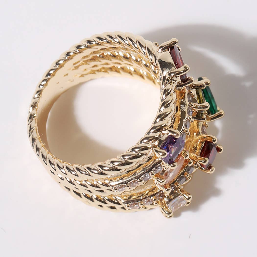 Multi Colored CZ Crossover Gold Plated Ring (Size 10)