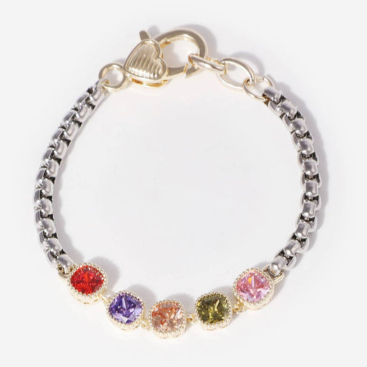Multicolor CZ Box Chain Heart Closure Bracelet
