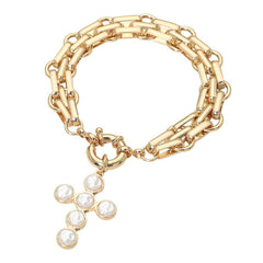 Pearl Cross Charm Chunky Link Chain Bracelet