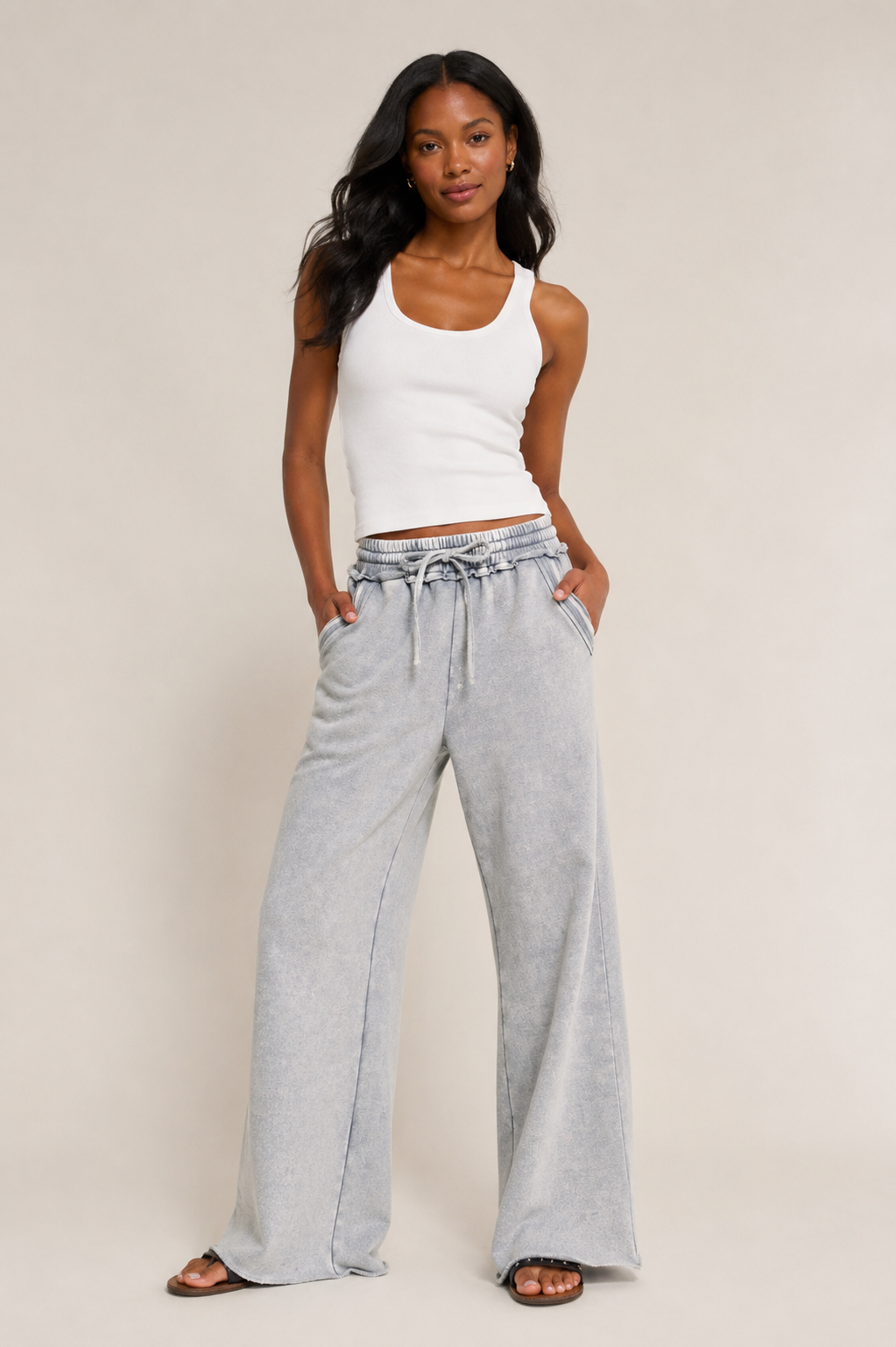 Acid wash fleece palazzo sweatpants with pockets