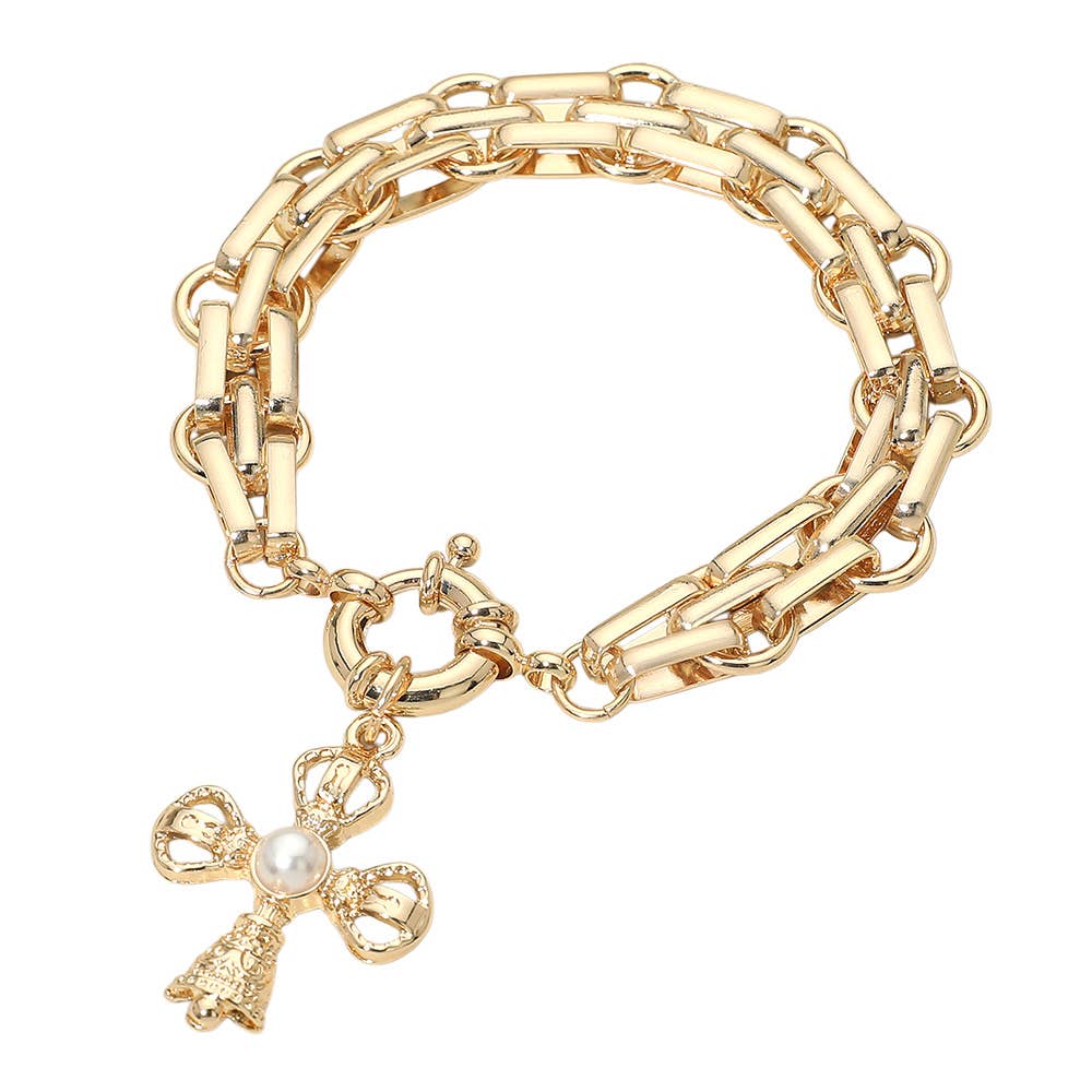 Pearl Accent Cross Charm Chunky Link Chain Bracelet