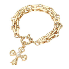 Pearl Accent Cross Charm Chunky Link Chain Bracelet