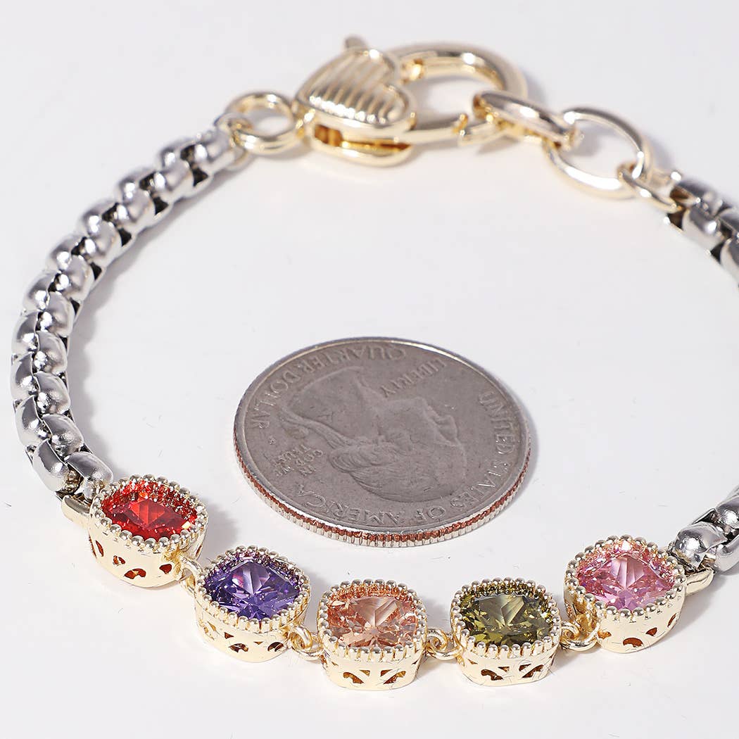 Multicolor CZ Box Chain Heart Closure Bracelet