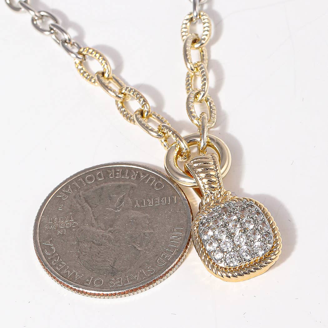 CZ Square Shape Pendant Two-Tone Chain Necklace