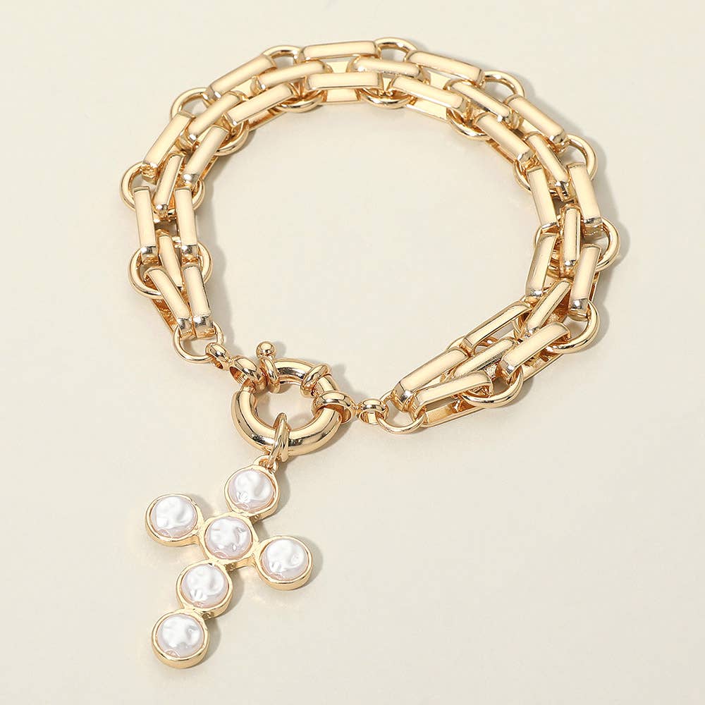 Pearl Cross Charm Chunky Link Chain Bracelet