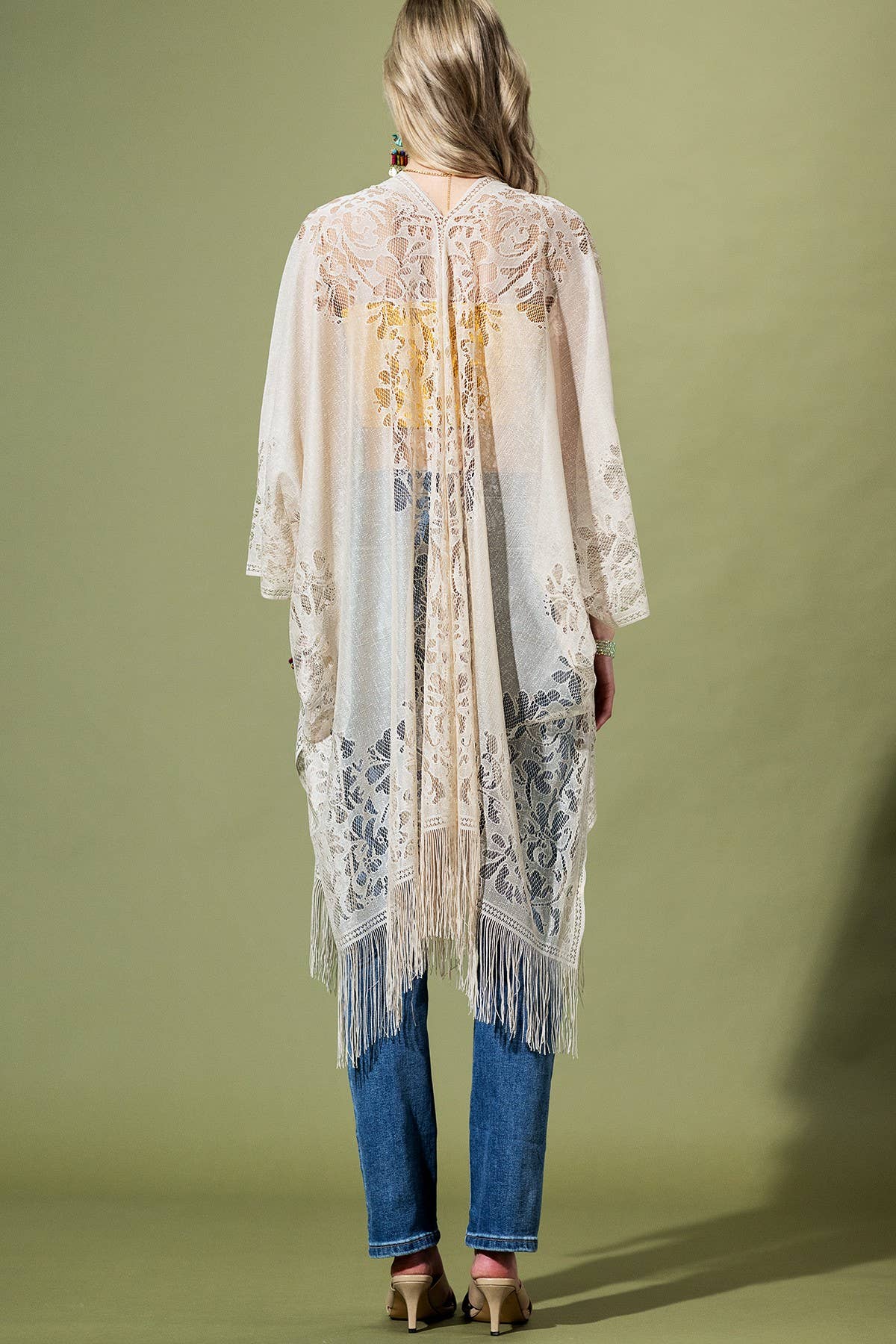 White Floral Lace Kimono With Tassel