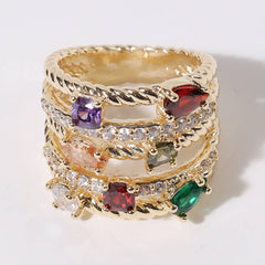 Multi Colored CZ Crossover Gold Plated Ring (Size 10)