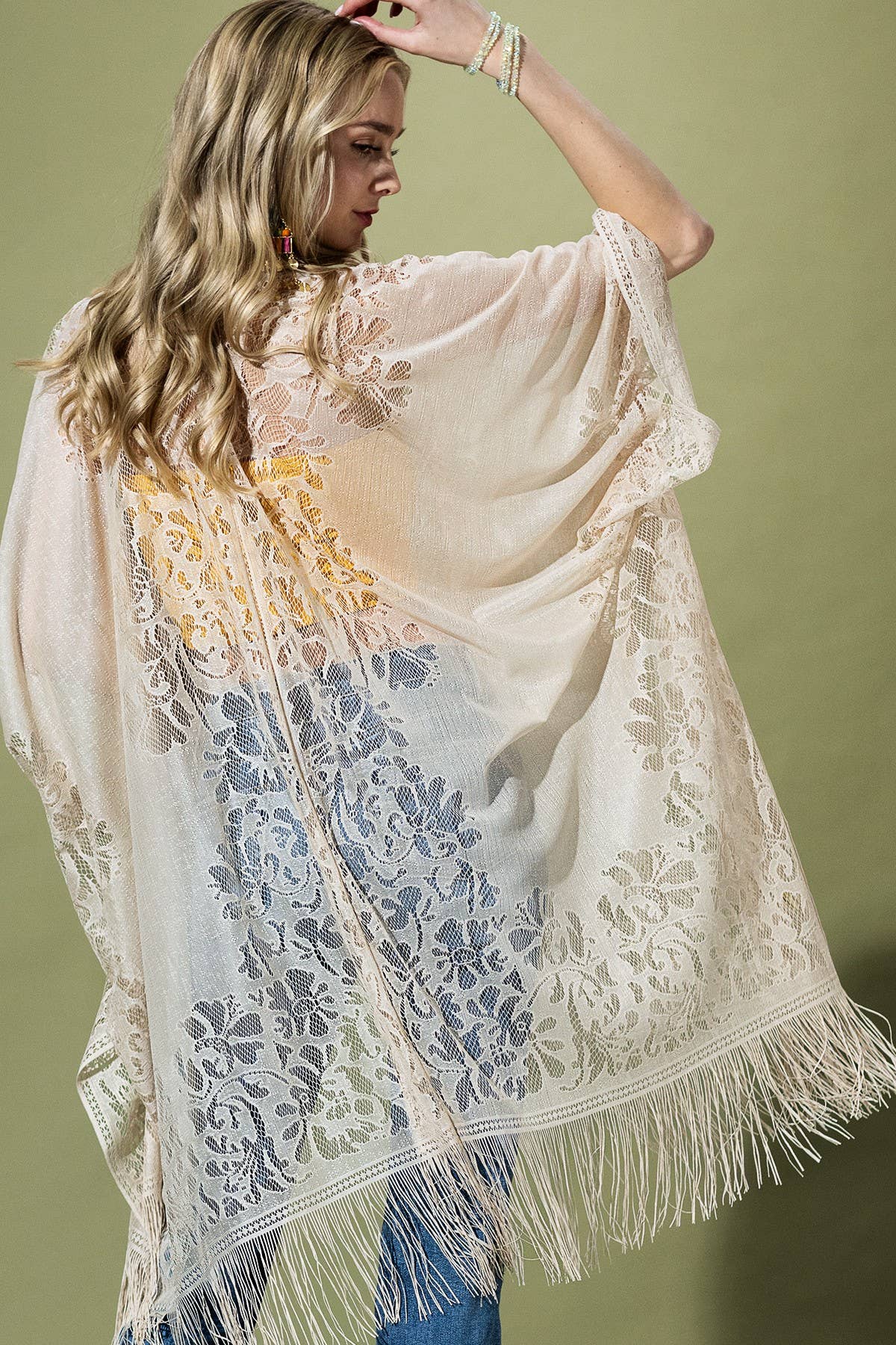 White Floral Lace Kimono With Tassel