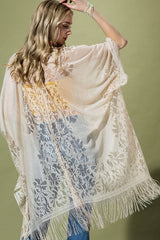White Floral Lace Kimono With Tassel