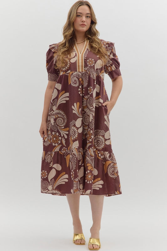 BROWN PAISLEY TIERED MIDI DRESS