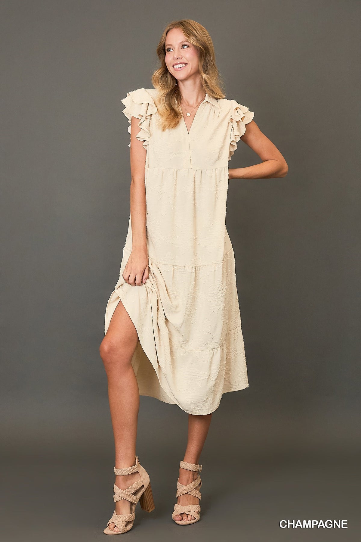 TIERED FLORAL BURNOUT MIDI DRESS