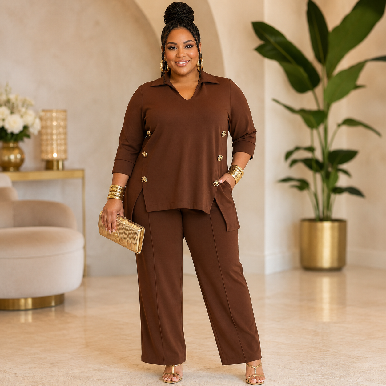 DRESSY BROWN COLLARED HIGH LOW SET