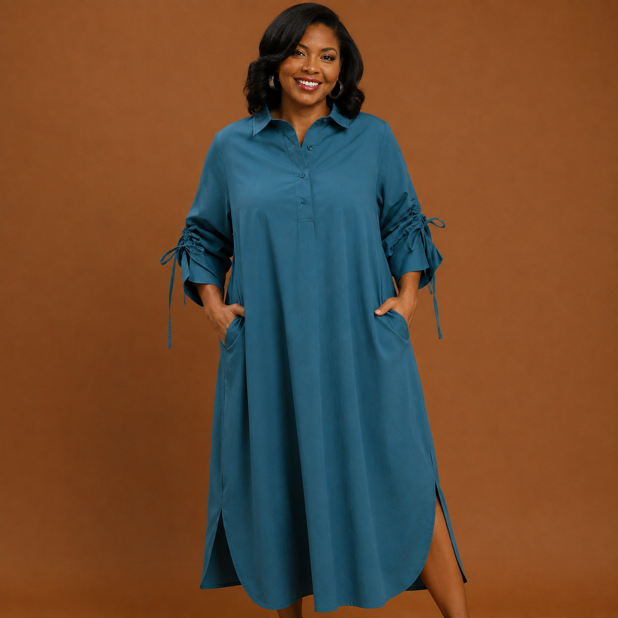 Collared Button Detail Relaxed Midi Dress