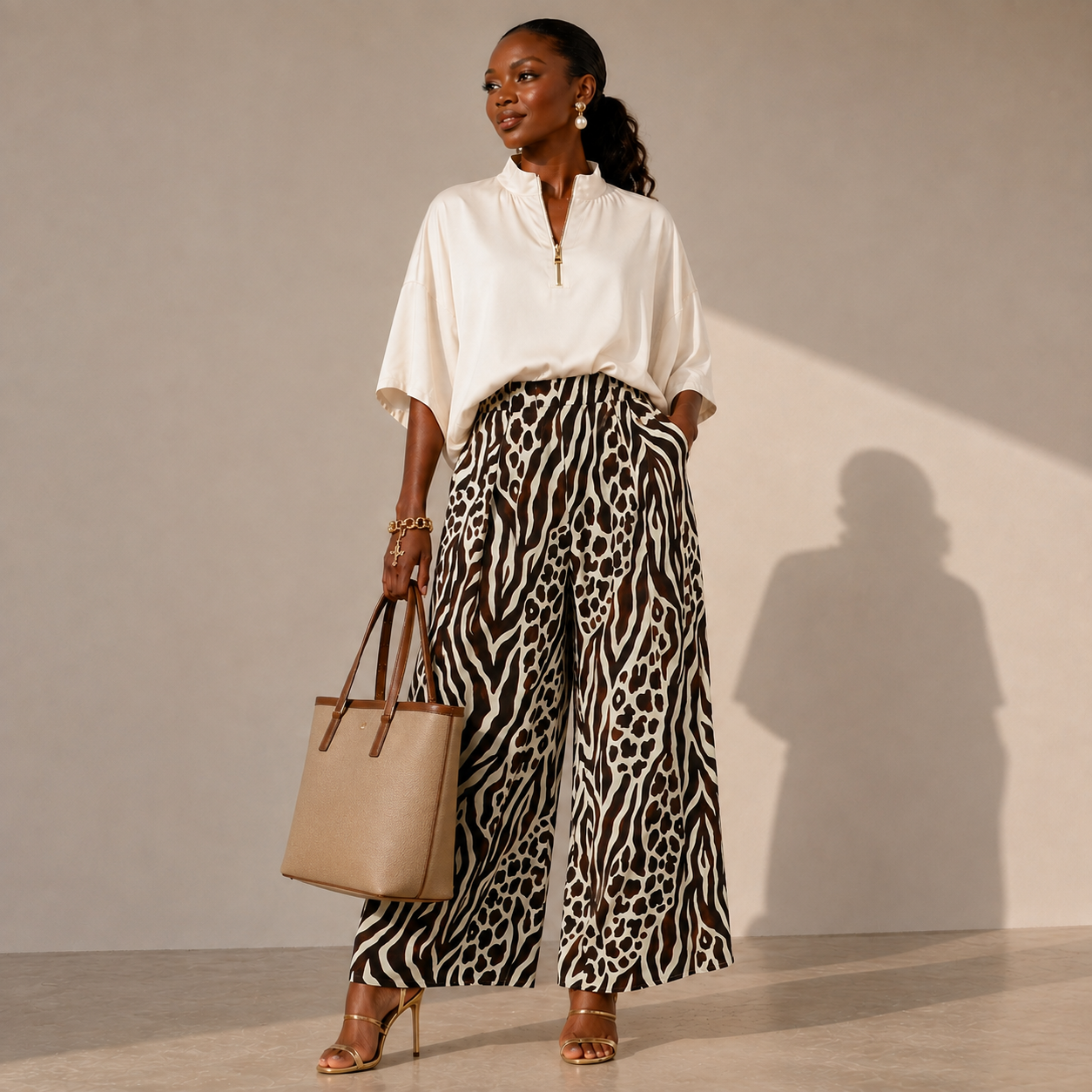 Mixed Animal Print Wide Leg Pants