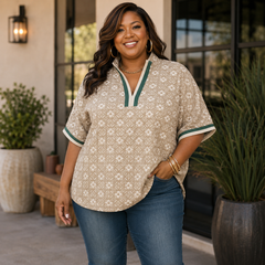 Jacquard Floral Textured Contrast Trim Pullover Top