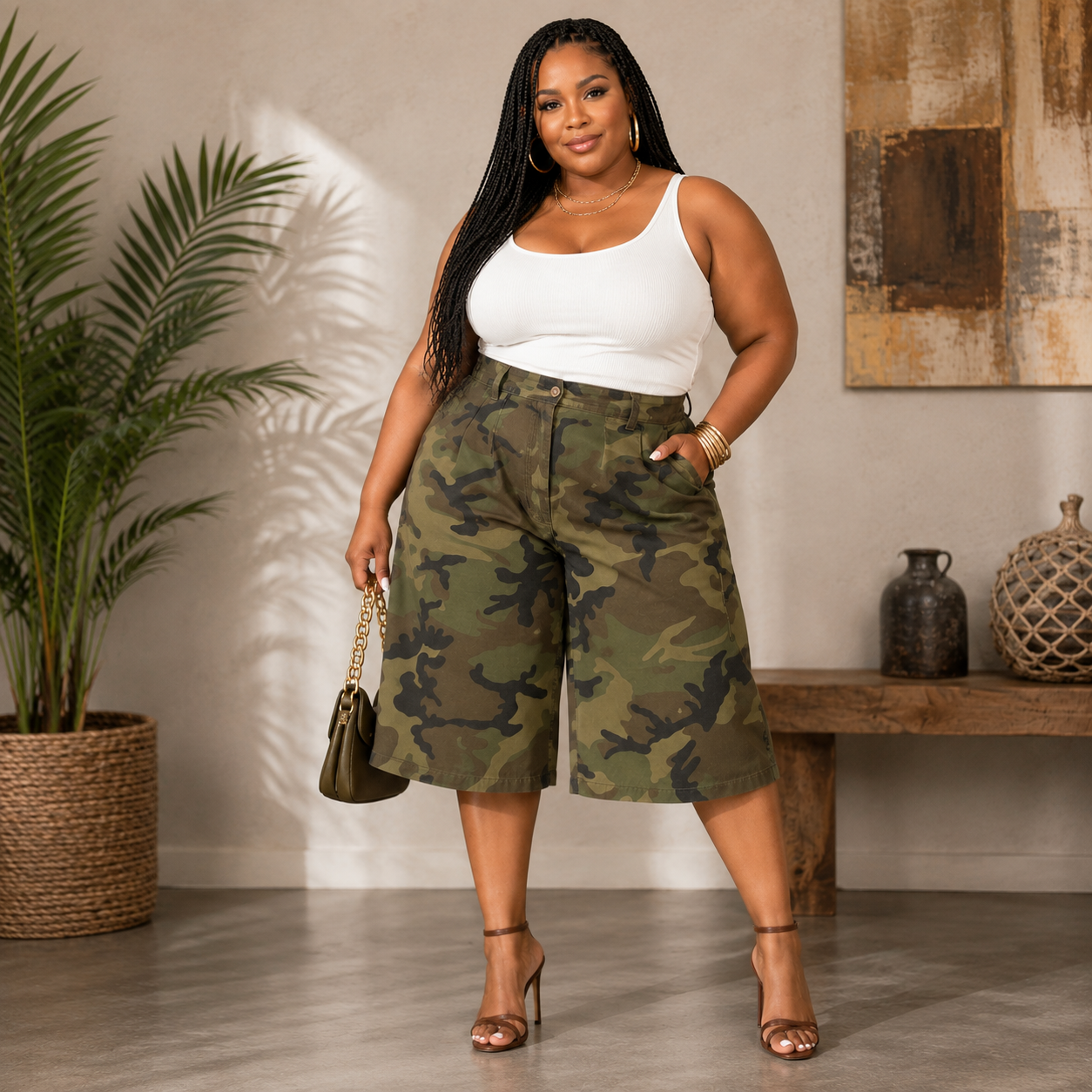 High Waisted Wide Leg Camo Knee Length Shorts