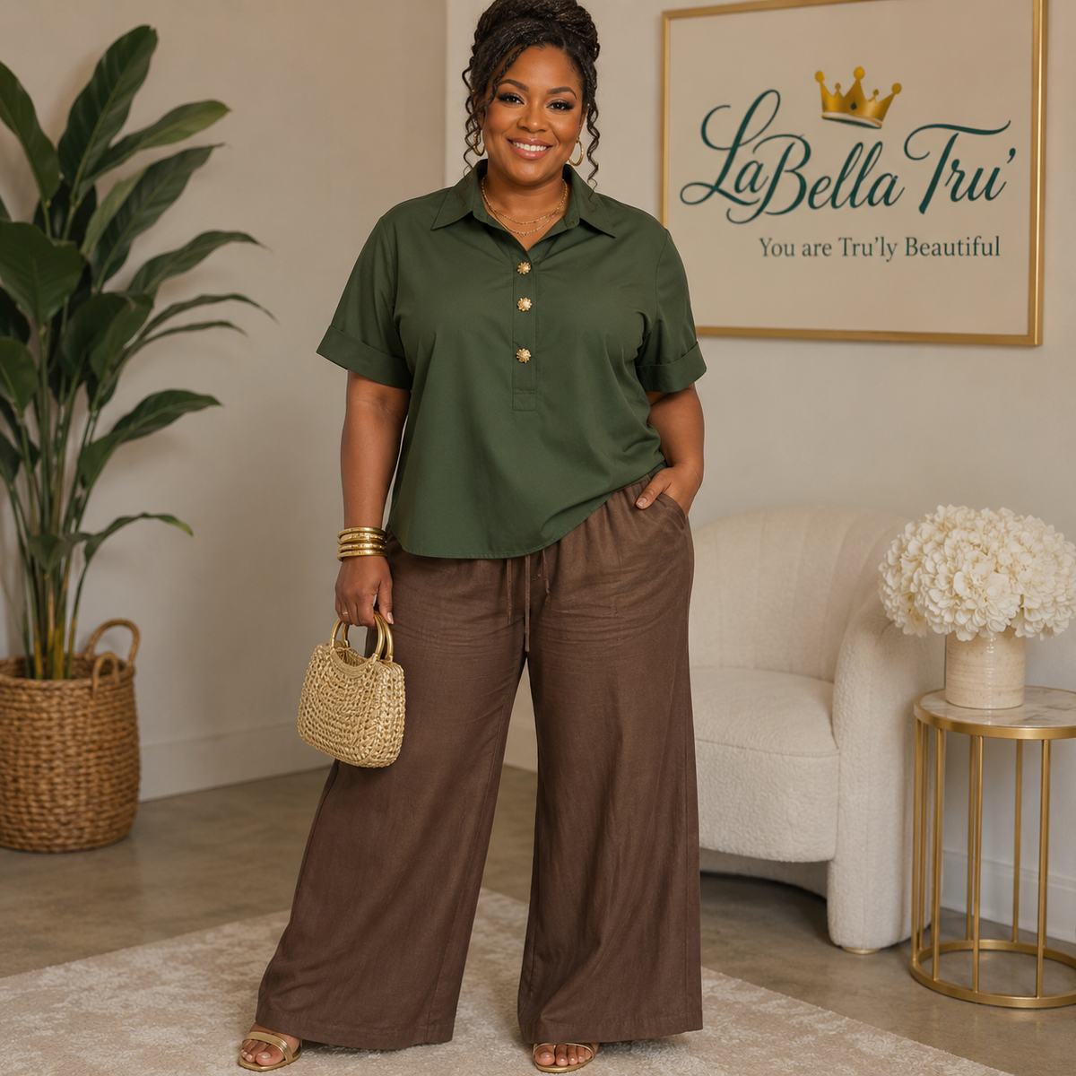 Army Green Gold Button Top