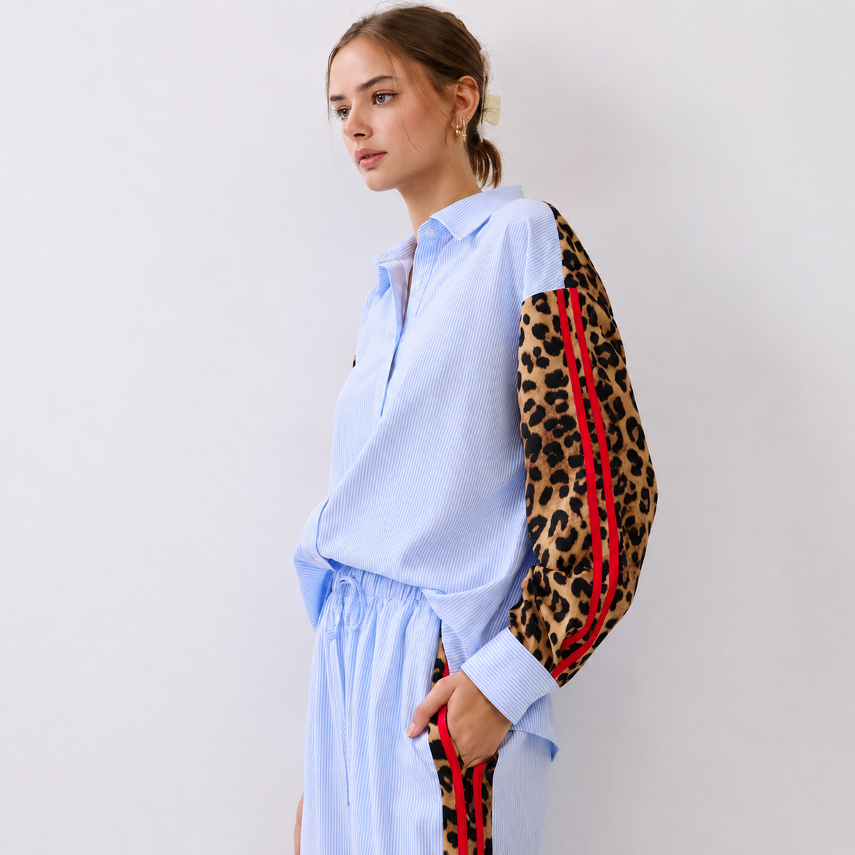 Leopard and Stripe Button Down Shirt