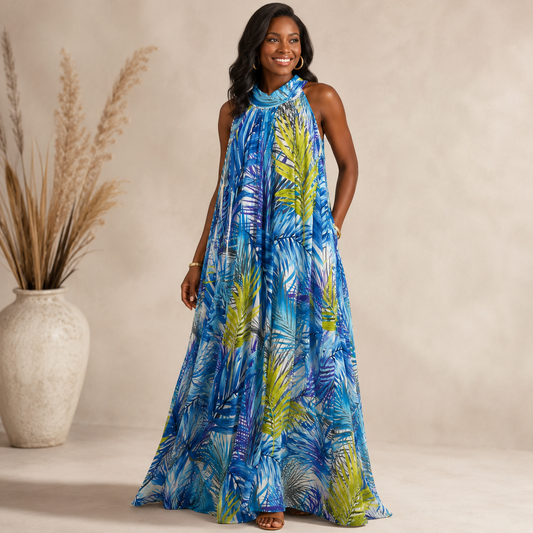 Blue Multi Halter Neck Maxi