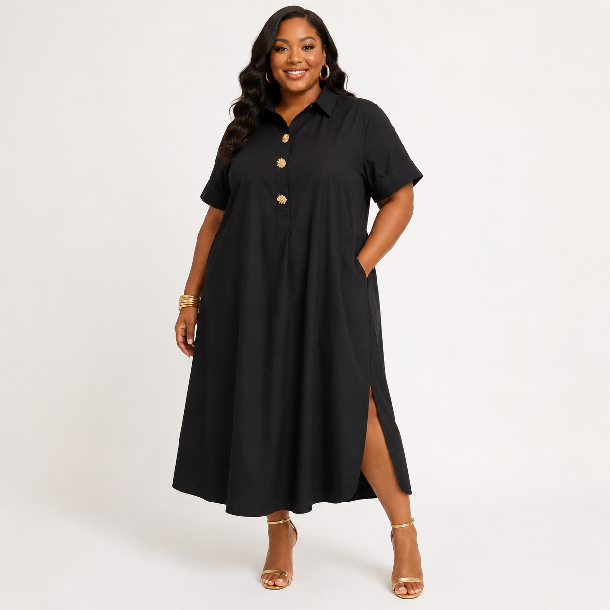 Gold Button Black Midi